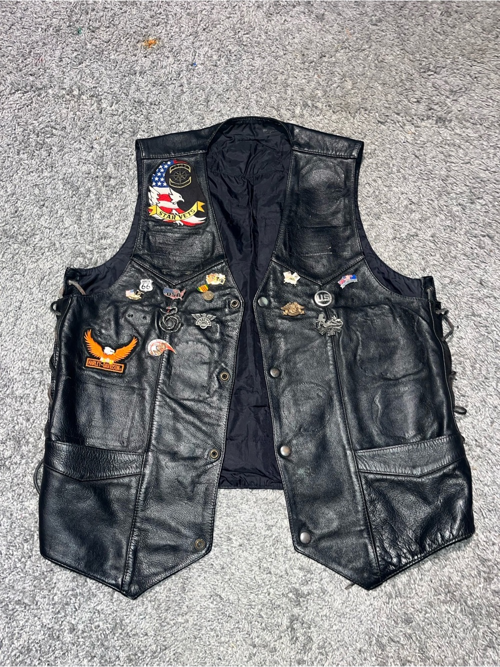 Harley-Davidson Black Leather Biker Vest with Patches and Pins